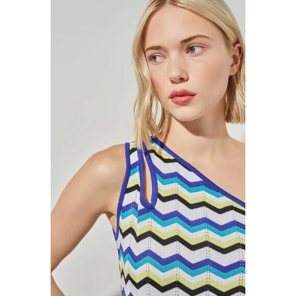 Ming Wang Modern Fit One Shoulder Column Maxi Dress Chevron Soft Knit Large NWT - Picture 3 of 16